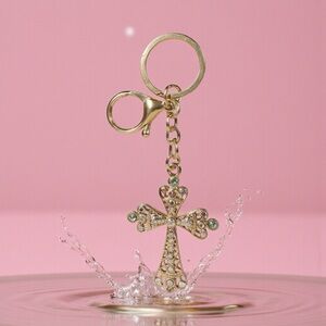 Gold Cross charm or Keychain with Rhinestones